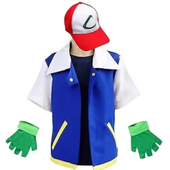 Herr Anime Træner Kostume Drenge Ash Ketchum Voksen Cosplay Til Piger Halloween Blå Jakke Hue og Handsker Sæt L
