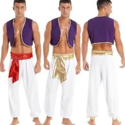 Herre Halloween Kostume Mytisk Prins Aladdin Karneval Cosplay Party Outfit Pailletkantet Vest med Bæltebukser Gold A XL