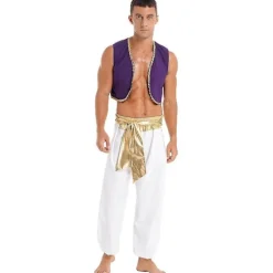 Herre Halloween Kostume Mytisk Prins Aladdin Karneval Cosplay Party Outfit Pailletkantet Vest med Bæltebukser Gold A XL