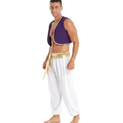 Herre Halloween Kostume Mytisk Prins Aladdin Karneval Cosplay Party Outfit Pailletkantet Vest med Bæltebukser Gold A XL