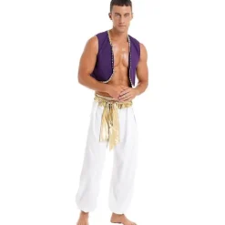 Herre Halloween Kostume Mytisk Prins Aladdin Karneval Cosplay Party Outfit Pailletkantet Vest med Bæltebukser Gold A XL
