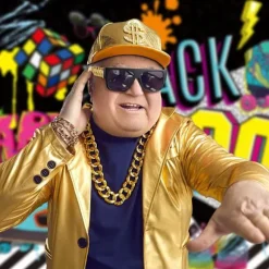 Hiphop-kostumesæt til mænd, rapper-tilbehør, hippie-kostumesæt, guldkæde, dollartegnshalskæde, ring og sorte guldbriller