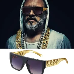 Hiphop-kostumesæt til mænd, rapper-tilbehør, hippie-kostumesæt, guldkæde, dollartegnshalskæde, ring og sorte guldbriller