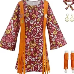 Hippie Disco 70'er kostume til kvinder, pandebånd, kjole, ankelstrømper, fredssymbol til damer Cosplay Party Orange L Orange L_max Orange L