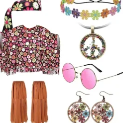 Hippie Halloween Kostumesæt Tie-Dye Kappe Kostume - Blomstret