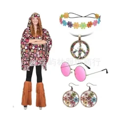 Hippie Halloween Kostumesæt Tie-Dye Kappe Kostume - Blomstret