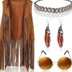 Hippie Kostumesæt, 60'er 70'er Kvinder Hippie Kostume Tilbehørssæt, Inkluderer Kvaster Vest & Boho Hårbånd & Kvaster Øreringe & Solbriller, Ærmeløs Frynse | Fyndiq