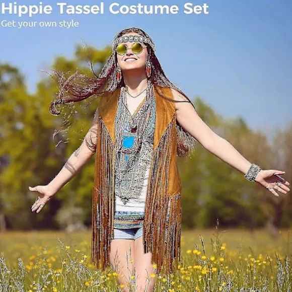 Hippie Kostumesæt, 60'er 70'er Kvinder Hippie Kostume Tilbehørssæt, Inkluderer Kvaster Vest & Boho Hårbånd & Kvaster Øreringe & Solbriller, Ærmeløs Frynse | Fyndiq