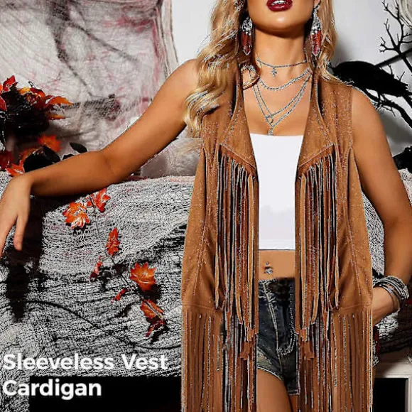 Hippie Kostumesæt, 60'er 70'er Kvinder Hippie Kostume Tilbehørssæt, Inkluderer Kvaster Vest & Boho Hårbånd & Kvaster Øreringe & Solbriller, Ærmeløs Frynse | Fyndiq
