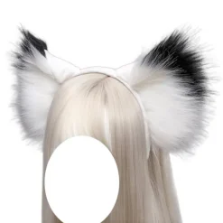 Håndlavede dyreører pandebånd fluffy ulv ræv kat ører hovedbeklædning til cosplay fest Lolita kostume tilbehør (hvid sort)