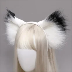 Håndlavede dyreører pandebånd fluffy ulv ræv kat ører hovedbeklædning til cosplay fest Lolita kostume tilbehør (hvid sort)