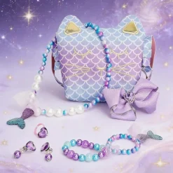 Håndtaskelegesæt til børn, katteformet minihåndtaske med halskæde, armbånd og tilbehør til rolleleg Purple