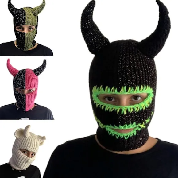 Håndvævet Balaclava Hue til Teenagere Strikket Pullover Beanie Hue Cosplay Kostume Horn Hue Udendørs Aktivitet Vandreture Ski Hue blå grøn Black and green stit | Fyndiq
