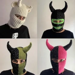 Håndvævet Balaclava Hue til Teenagere Strikket Pullover Beanie Hue Cosplay Kostume Horn Hue Udendørs Aktivitet Vandreture Ski Hue blå grøn Black and green stit | Fyndiq