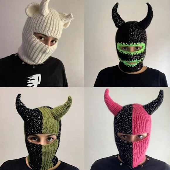 Håndvævet Balaclava Hue til Teenagere Strikket Pullover Beanie Hue Cosplay Kostume Horn Hue Udendørs Aktivitet Vandreture Ski Hue blå grøn Black and green stit | Fyndiq