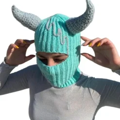 Håndvævet Balaclava-hue til teenagere Strikket Pullover Beanie Cosplay Kostume Hornhue Udendørsaktivitet Vandring Skihue blue green