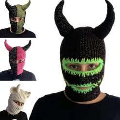 Håndvævet Balaclava-hue til teenagere Strikket Pullover Beanie Cosplay Kostume Hornhue Udendørsaktivitet Vandring Skihue blue green