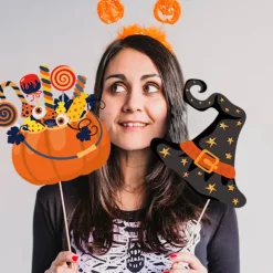 Hocus Pocus Halloween Fotorekvisitter, lyse og farverige selfie-tilbehør i pap til Halloween- og påskefesttemaer, nem opsætning med bambus