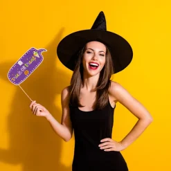 Hocus Pocus Halloween Fotorekvisitter, lyse og farverige selfie-tilbehør i pap til Halloween- og påskefesttemaer, nem opsætning med bambus