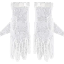 Hvid - Korte handsker, blonde, damer, med sløjfe, strikkede, beklædningstilbehør, egnet til karneval, fest, bryllup osv.
