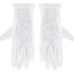 Hvid - Korte handsker, blonde, damer, med sløjfe, strikkede, beklædningstilbehør, egnet til karneval, fest, bryllup osv.