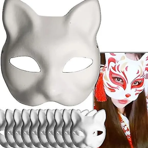 Hvid papirmaske katteansigt - 10 stykker, masse tom håndmalet maske, personligt design, egnet til Halloween udklædning cosplay
