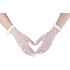 Hvide - Korte handsker, blonder, feminine, med sløjfer, strikkede, kostumetilbehør, til karneval, fester, bryllupper osv.