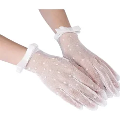 Hvide - Korte handsker, blonder, feminine, med sløjfer, strikkede, kostumetilbehør, til karneval, fester, bryllupper osv.