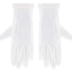 Hvide - Korte handsker, blonder, feminine, med sløjfer, strikkede, kostumetilbehør, til karneval, fester, bryllupper osv.