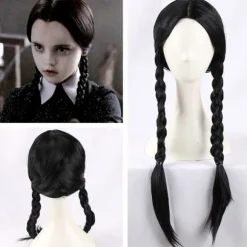 IC Addams Family onsdag Addams Cosplay Paryk Sorte Fletninger Syntetisk Sort One Size