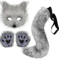 Imiteret pels rævehale kat ulv cosplay kostume sæt plys maske fluffy pote handsker Halloween jul Dark Gray