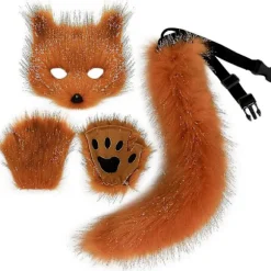 Imiteret pels rævehale kat ulv cosplay kostume sæt plys maske fluffy pote handsker Halloween jul（Ræv）