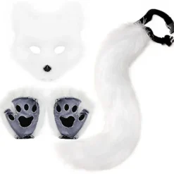 Imiteret Pels Rævehale Kat Ulv Cosplay Kostume Sæt Plys Maske Fluffy Pote Handsker Halloween Jul White
