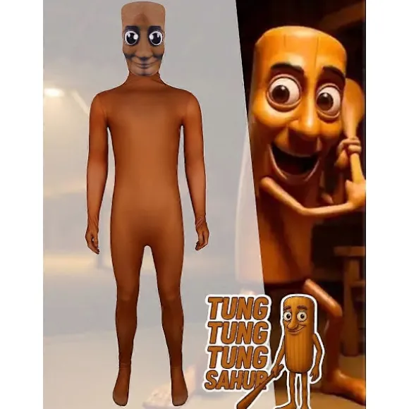 Italiensk Brainrot Tung Tung Tung Sahur Cosplay Kostume Jumpsuit Maskerade Bodysuit Kompatibel med Børn Voksen 150 150