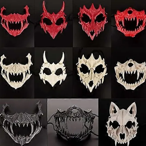 Japansk Halloween Maske Resin Maske Halvt Ansigt Kranie Skræmmende Maske Cosplay Dekorativ (Drage Gud Rød)