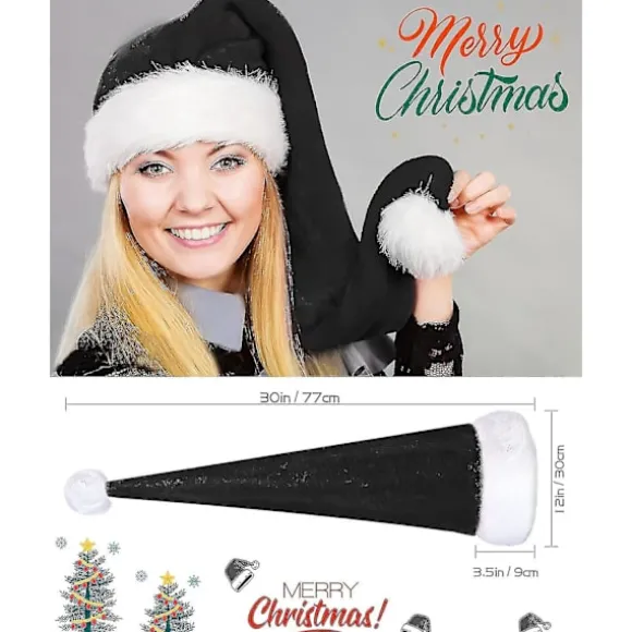 Jul Sort Julemand Hat Lang, Voksne Deluxe Sort Og Hvid Jul Julemand Hat Til Sort Jul Tema Nytår Festlig Ferie Festartikler C