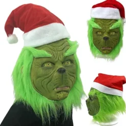 Jule Grinch Helmaske i Latex til Voksne med Julehat, Monster Cosplay, Karnevalsfestkostume, Maskerade Rekvisitter