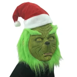 Jule Grinch Helmaske i Latex til Voksne med Julehat, Monster Cosplay, Karnevalsfestkostume, Maskerade Rekvisitter