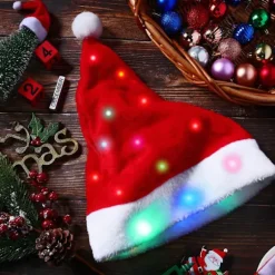 Julehat med LED-lys Sjov Nissehue Plys Faux Pels Juleferie Hat med Lysende Farve-FF-