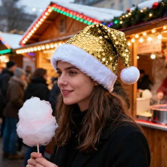 Julehat, pailletbesat julehat, egnet voksen plys julehat (guld)