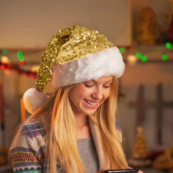 Julehat, pailletbesat julehat, egnet voksen plys julehat (guld)