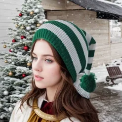 Julehatte til voksne, Elverhatte med lang hale, troldmandsstil, strikket hat til juletiden, festligt juletema, unisex design, vinter White green