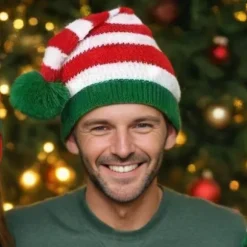 Julehatte til voksne, Elverhatte med lang hale, troldmandsstil, strikket hat til juletiden, festligt juletema, unisex design, vinter Red, White, Green | Fyndiq