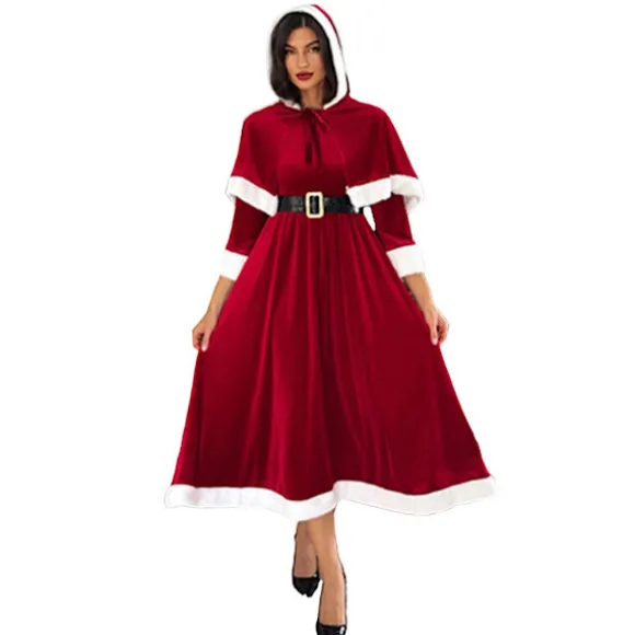 Julekjoler til kvinder Santa kostume med aftagelig hættekappe og bælte julefrokost outfit Red XXL