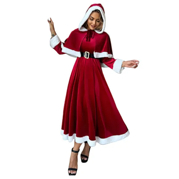 Julekjoler til kvinder Santa kostume med aftagelig hættekappe og bælte julefrokost outfit Red XXL