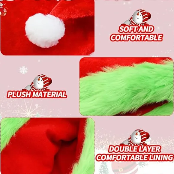 Julemandshat Grinch Julemandshat Unisex Rød Grøn Tyk Fløjl Behagelig Plys Julemandshat Jul Klassisk Hat Julehat