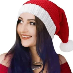 Julemandshue Julebeaniehue Julefest Hue Rød Strikket Strømpehue Kasket til Voksne Kvinder Mænd, 1 stk