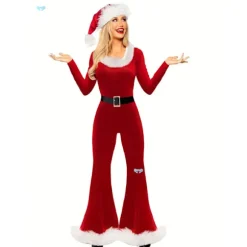 Julemandskostume til kvinder, jumpsuit med imiteret pels og bælte i polyester red l