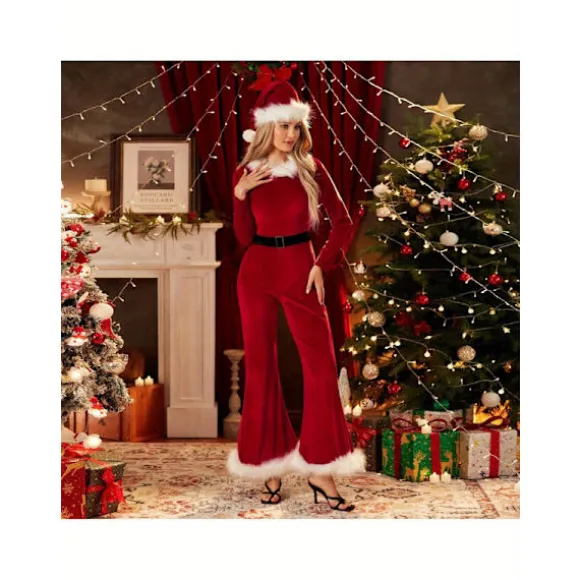 Julemandskostume til kvinder, jumpsuit med imiteret pels og bælte i polyester red l
