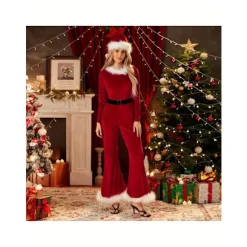 Julemandskostume til kvinder, jumpsuit med imiteret pels og bælte i polyester red l